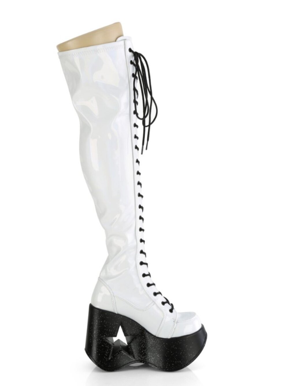 Star Cutout Platform Wedge Lace-Up White Stretch Holo Thigh-High Boots